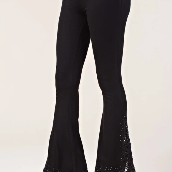 NEW VOCAL BELL BOTTOM bling crochet lace flared pants SM-4X BLK BOHO chic party - Picture 4 of 5